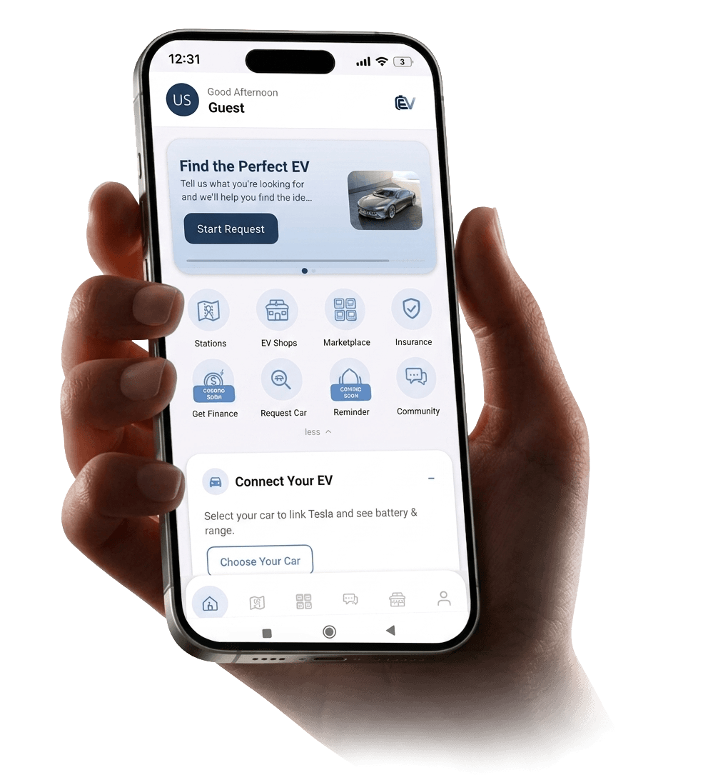 EV Group mobile app on a smartphone held in hand, showing the home screen with stations, shops, and EV features